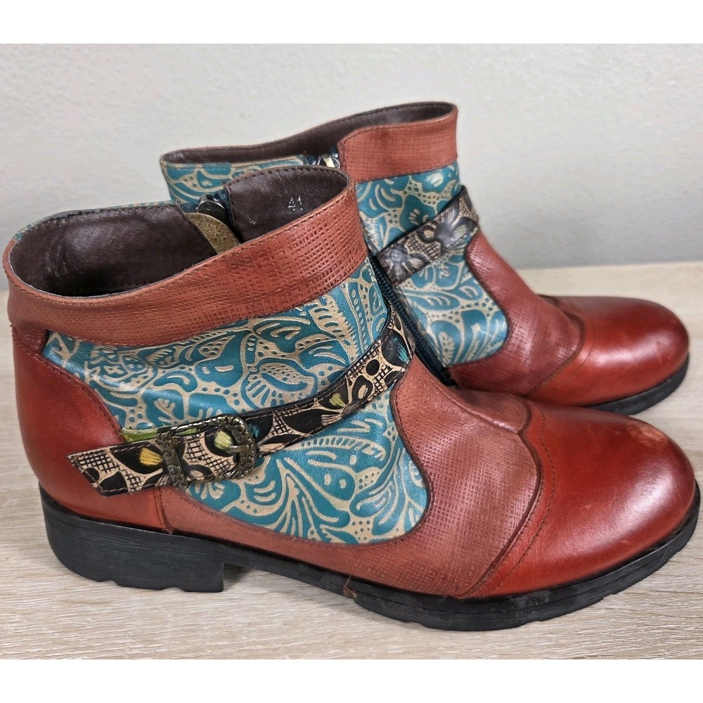 Socofy Bohemian Leather Ankle Boots Orange Red Teal Floral Side Zip Women's...
